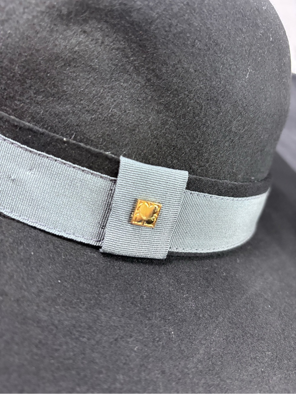 Liz Claiborne New York Black Wool Wide Brim Hat | Gray Ribbon Accent | One Size - Picture 3 of 8